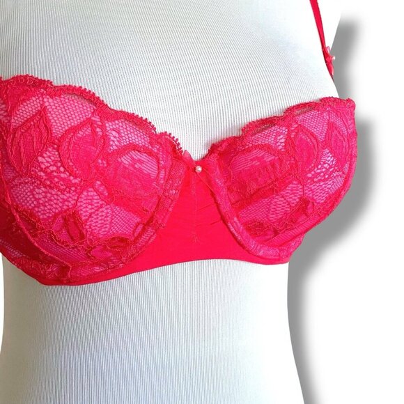 Victorias Secret 34A Bra Red Pink Lace Padded Push Up Balconette Underwire Bows - Picture 4 of 9